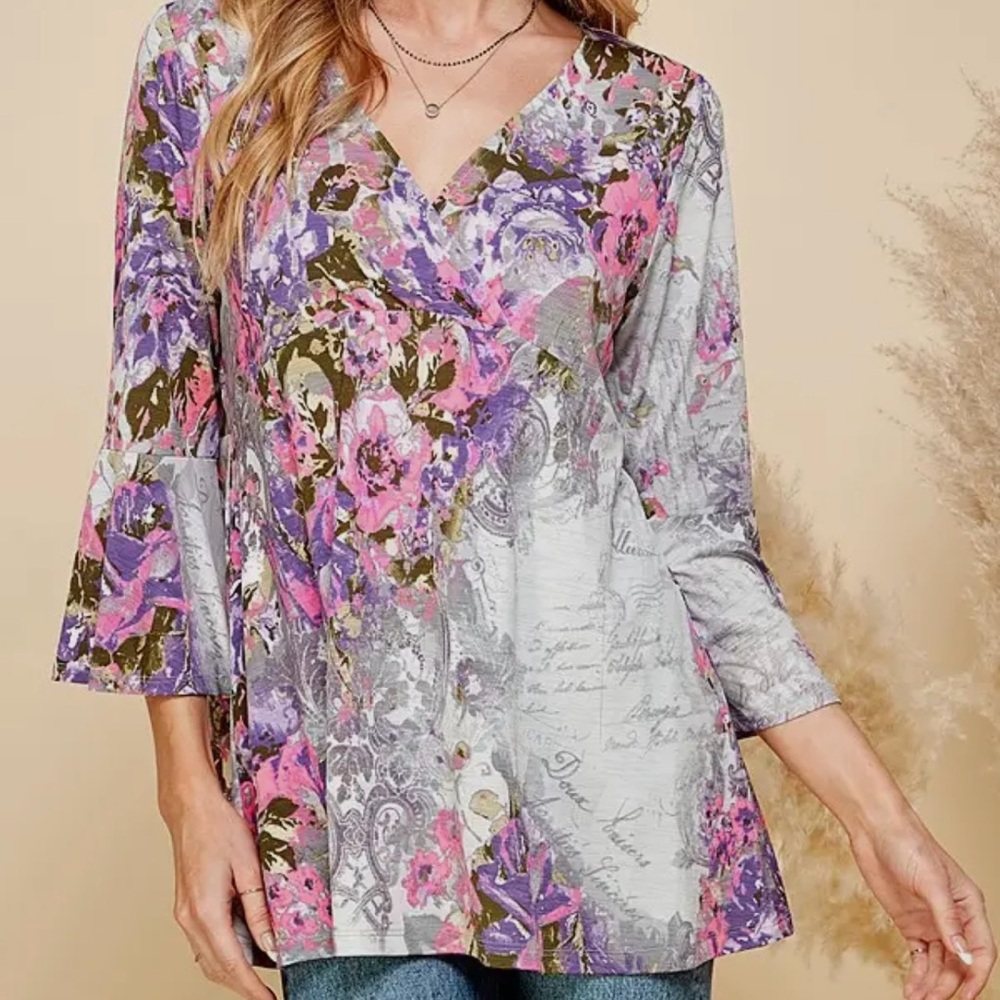 Shopin LA Floral V-Neck Blouse with Bell Sleeves